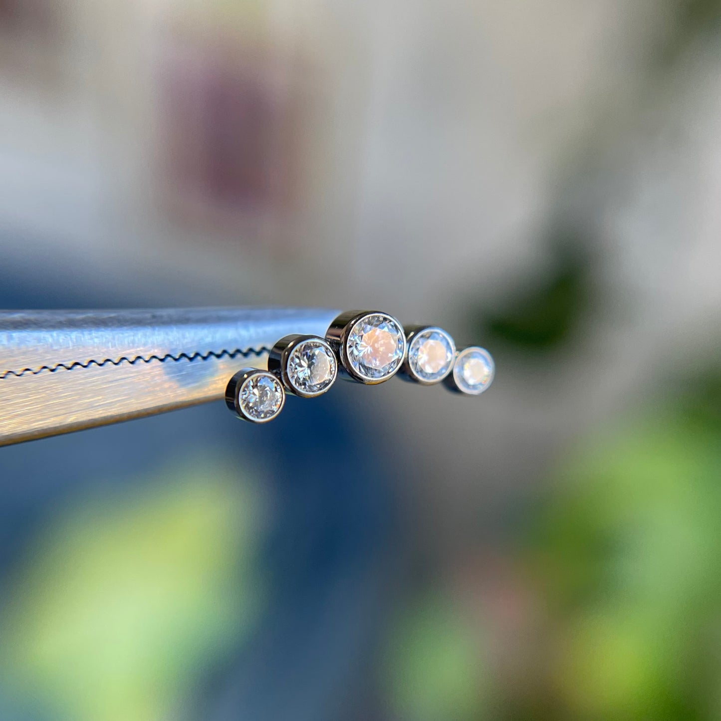 Titanium Curved Cluster - 5 Bezel Set Cubic Zirconias - Threadless End