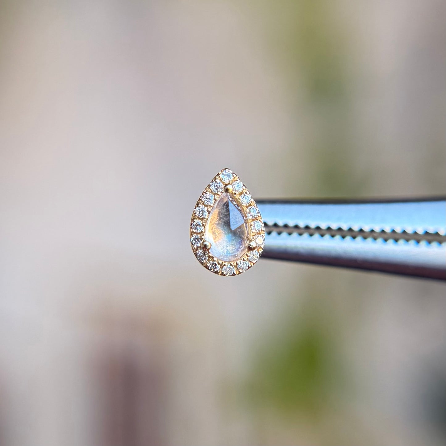 Rose Cut Pear Moonstone with Diamond Halo- Threadless End
