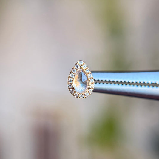 Rose Cut Pear Moonstone with Diamond Halo- Threadless End